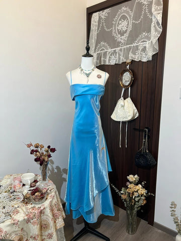 Niulatu Blue Sheath Formal Dress Elegant Satin Spaghetti Straps Long Prom Dresses Classy 18th Birthday Outfit HZ1031