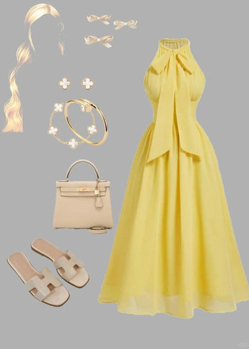 Niulatu Butter Yellow Ball Gown Halter Chiffon Formal Dress Fashion Party Outfit HZ1031
