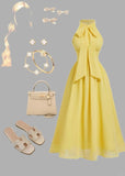 Niulatu Butter Yellow Ball Gown Halter Chiffon Formal Dress Fashion Party Outfit HZ1031