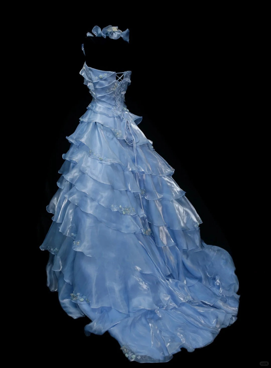 Niulatu Light Blue Organza Long Ball Gowns Beaded Appliqu¨¦s Tiered Bridal Gowns Cute Quinceanera Dress HZ1031