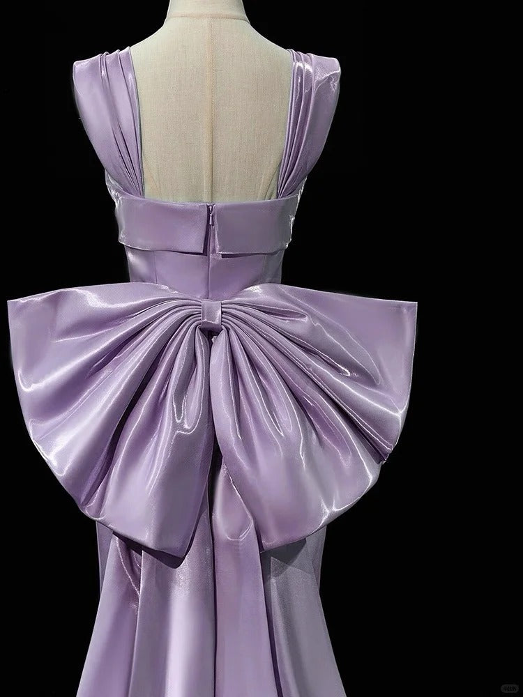 Niulatu Purple Mermaid Evening Gowns Elegant Satin Square Neck Long Prom Dresses with Bow HZ1031