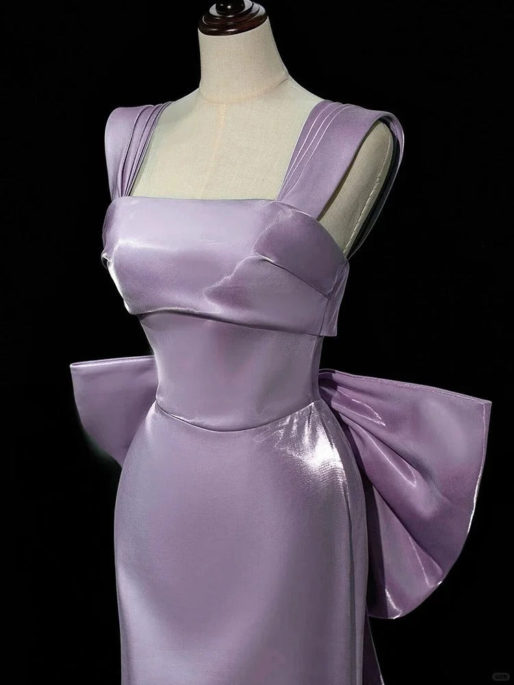 Niulatu Purple Mermaid Evening Gowns Elegant Satin Square Neck Long Prom Dresses with Bow HZ1031