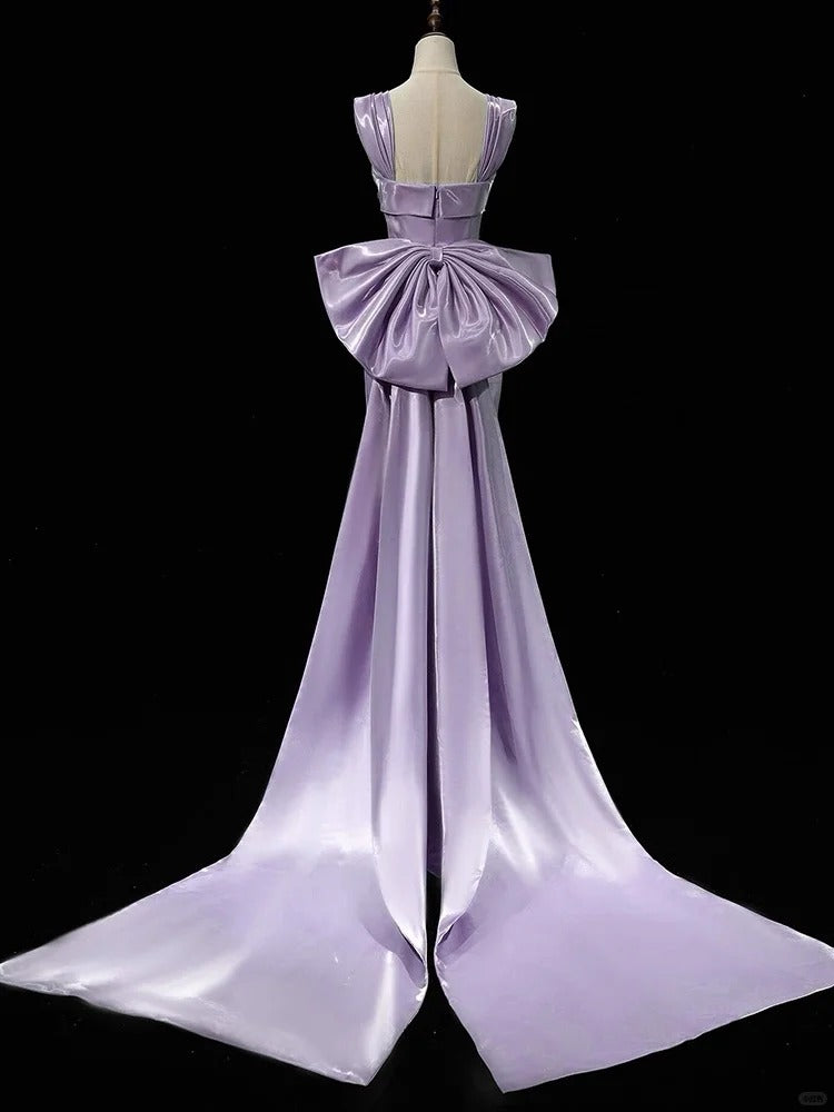 Niulatu Purple Mermaid Evening Gowns Elegant Satin Square Neck Long Prom Dresses with Bow HZ1031