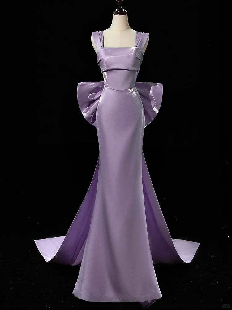 Niulatu Purple Mermaid Evening Gowns Elegant Satin Square Neck Long Prom Dresses with Bow HZ1031