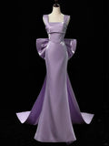 Niulatu Purple Mermaid Evening Gowns Elegant Satin Square Neck Long Prom Dresses with Bow HZ1031