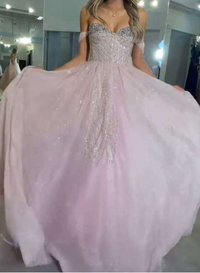 Niulatu Pink Off-the-Shoulder A-Line Prom Dresses Glitter Tulle Evening Gowns Sweet 18th Birthday Dress Graduation Dress HZ1031