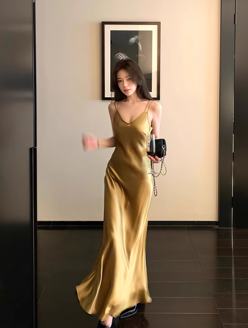 Niulatu Spaghetti Strap Sheath Satin Birthday Dress Yellow Formal Evening Gowns HZ1026