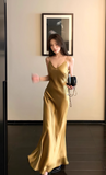 Niulatu Spaghetti Strap Sheath Satin Birthday Dress Yellow Formal Evening Gowns HZ1026