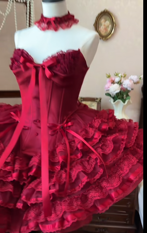 Niulatu Off-the-shoulder Ball Gown Lace Short Prom Dress Burgundy Birthday Dress Lolita Dress HZ1026