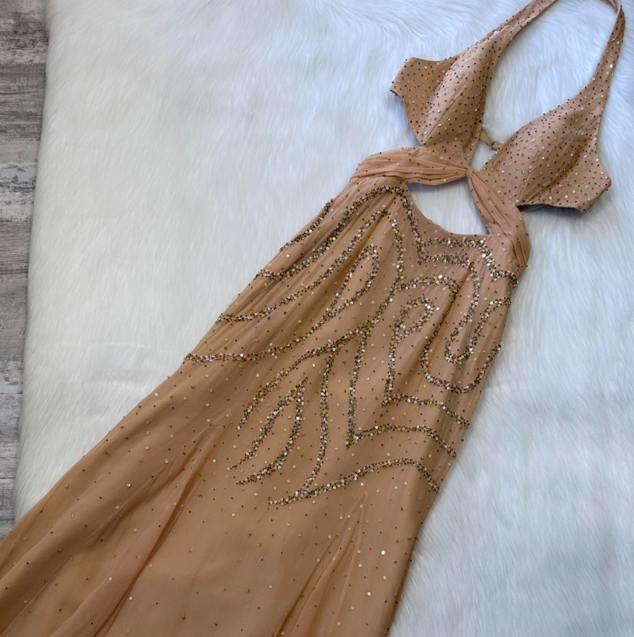 Niulatu Halter Sheath Chiffon Sequin Long Prom Dress Backless Champagne Formal Evening Dress HZ1026