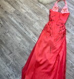 Niulatu Halter Sheath Chiffon Satin Beaded Long Prom Dress Backless Red Formal Evening Dress HZ1026