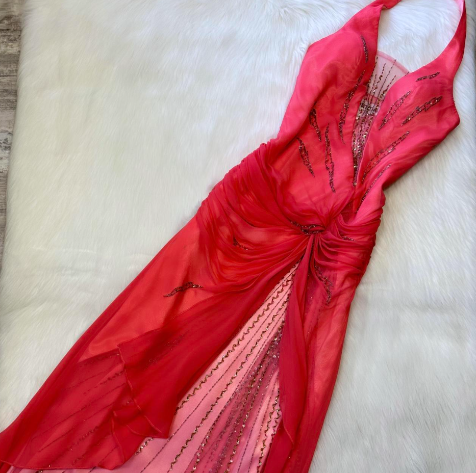 Niulatu Halter Sheath Chiffon Satin Beaded Long Prom Dress Backless Red Formal Evening Dress HZ1026