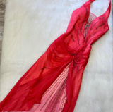 Niulatu Halter Sheath Chiffon Satin Beaded Long Prom Dress Backless Red Formal Evening Dress HZ1026