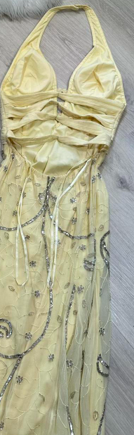 Niulatu Halter Sheath Chiffon Beaded Long Prom Dress Backless Yellow Formal Evening Dress HZ1026