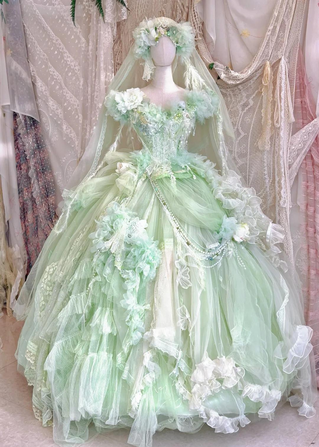 Niulatu V-neck Ball Gown Tulle Applique Long Prom Dresses Green Sweet 16 Dress HZ1026