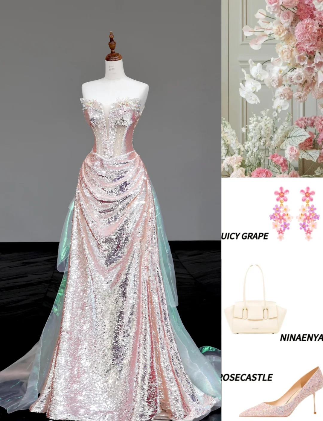 Niulatu Strapless Sheath Sequined Long Prom Dresses Pink Sweet 16 Dress HZ1026