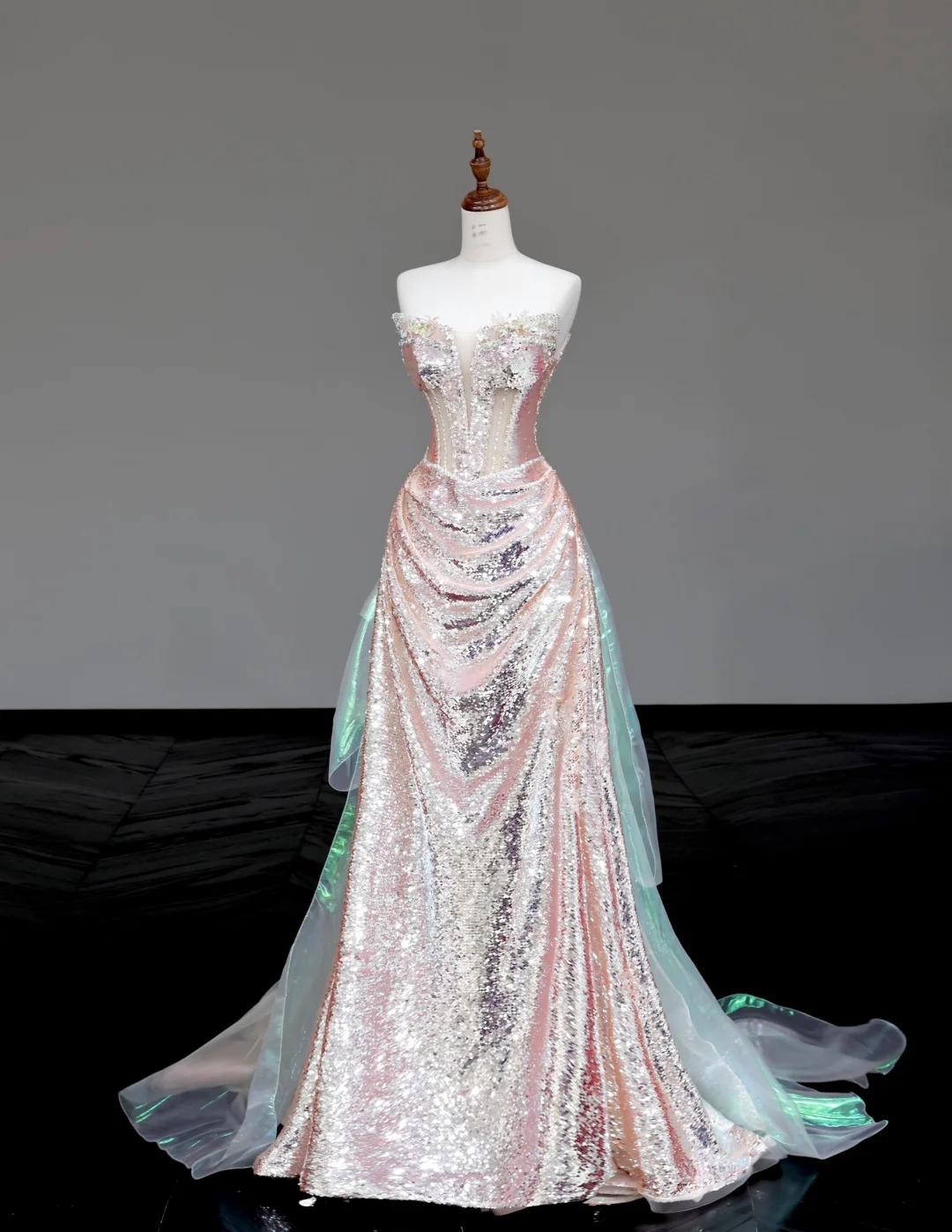 Niulatu Strapless Sheath Sequined Long Prom Dresses Pink Sweet 16 Dress HZ1026