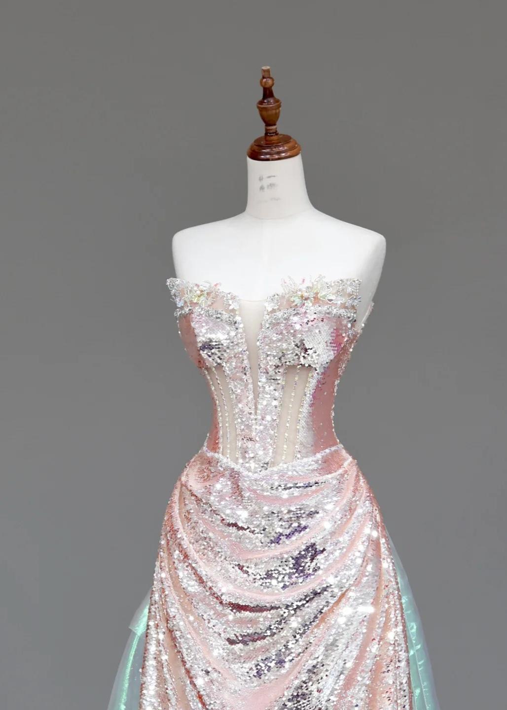 Niulatu Strapless Sheath Sequined Long Prom Dresses Pink Sweet 16 Dress HZ1026