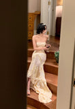 Niulatu Mermaid Strapless Tulle Applique Long Prom Dresses Light Champagne Formal Evening Gowns HZ1026