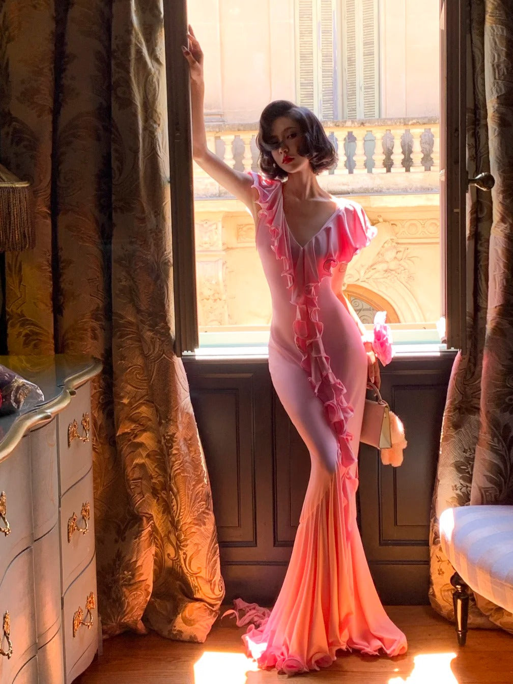 Niulatu Mermaid Off-the-shoulder Chiffon Ruffle Long Birthday Dresses Pink Formal Evening Gowns HZ1026