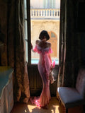 Niulatu Mermaid Off-the-shoulder Chiffon Ruffle Long Birthday Dresses Pink Formal Evening Gowns HZ1026