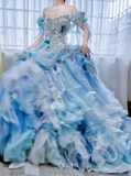 Niulatu Ball Gown Off-the-shoulder Tulle Beaded Long Prom Dresses Blue Birthday Dresses HZ1026