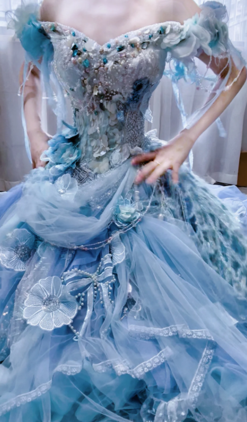 Niulatu Ball Gown Off-the-shoulder Tulle Beaded Long Prom Dresses Blue Birthday Dresses HZ1026