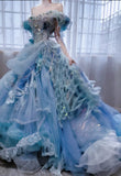 Niulatu Ball Gown Off-the-shoulder Tulle Beaded Long Prom Dresses Blue Birthday Dresses HZ1026