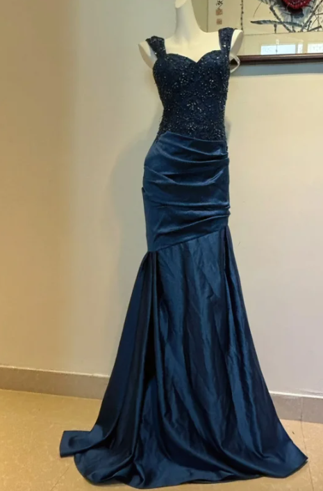 Niulatu Sweetheart Mermaid Satin Sequin Long Prom Dresses, Navy Blue Formal Evening Dresses HZ1026