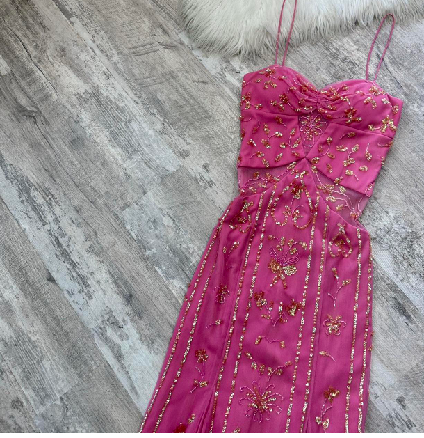 Niulatu Spaghetti Strap Sheath Beaded Chiffon Long Prom Dresses, Hot Pink Formal Evening Dresses HZ1026