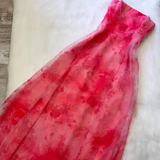 Niulatu Strapless A-Line Printed Tulle Long Prom Dresses, Pink Formal Evening Dresses HZ1026