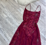 Niulatu Spaghetti Straps Sheath Chiffon Embroidery Applique Long Prom Dresses, Rust Red Formal Evening Dresses HZ1026