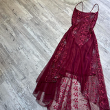 Niulatu Spaghetti Straps Sheath Chiffon Embroidery Applique Long Prom Dresses, Rust Red Formal Evening Dresses HZ1026