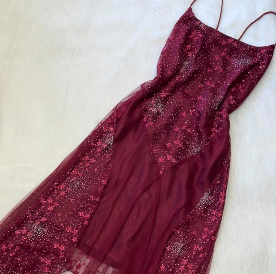 Niulatu Spaghetti Straps Sheath Chiffon Embroidery Applique Long Prom Dresses, Rust Red Formal Evening Dresses HZ1026
