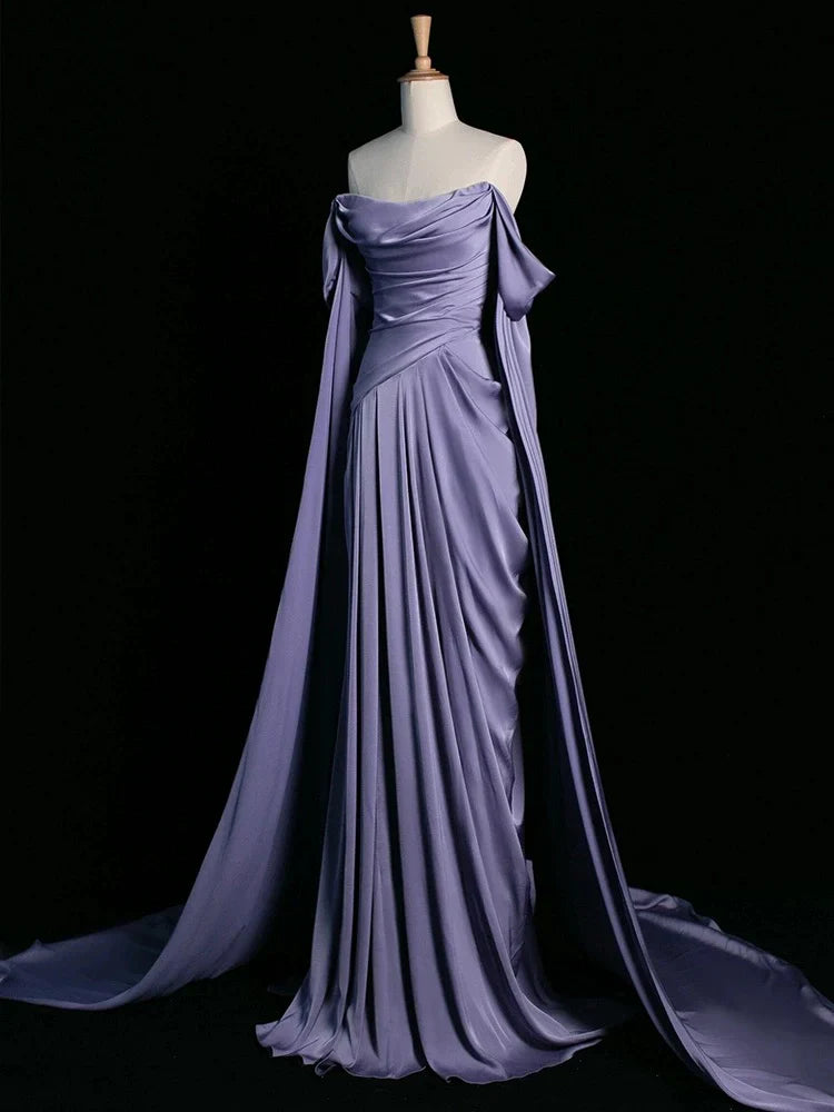 Niulatu Purple A-Line Off Shoulder Satin Long Prom Dress Formal Evening Dress HZ1026