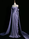 Niulatu Purple A-Line Off Shoulder Satin Long Prom Dress Formal Evening Dress HZ1026