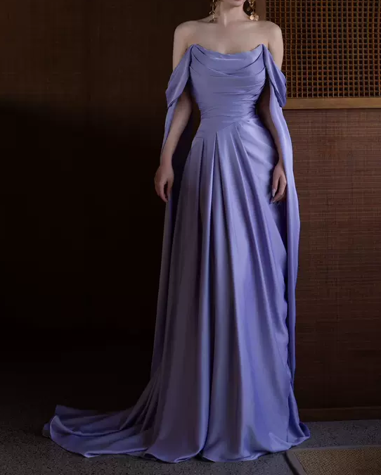 Niulatu Purple A-Line Off Shoulder Satin Long Prom Dress Formal Evening Dress HZ1026