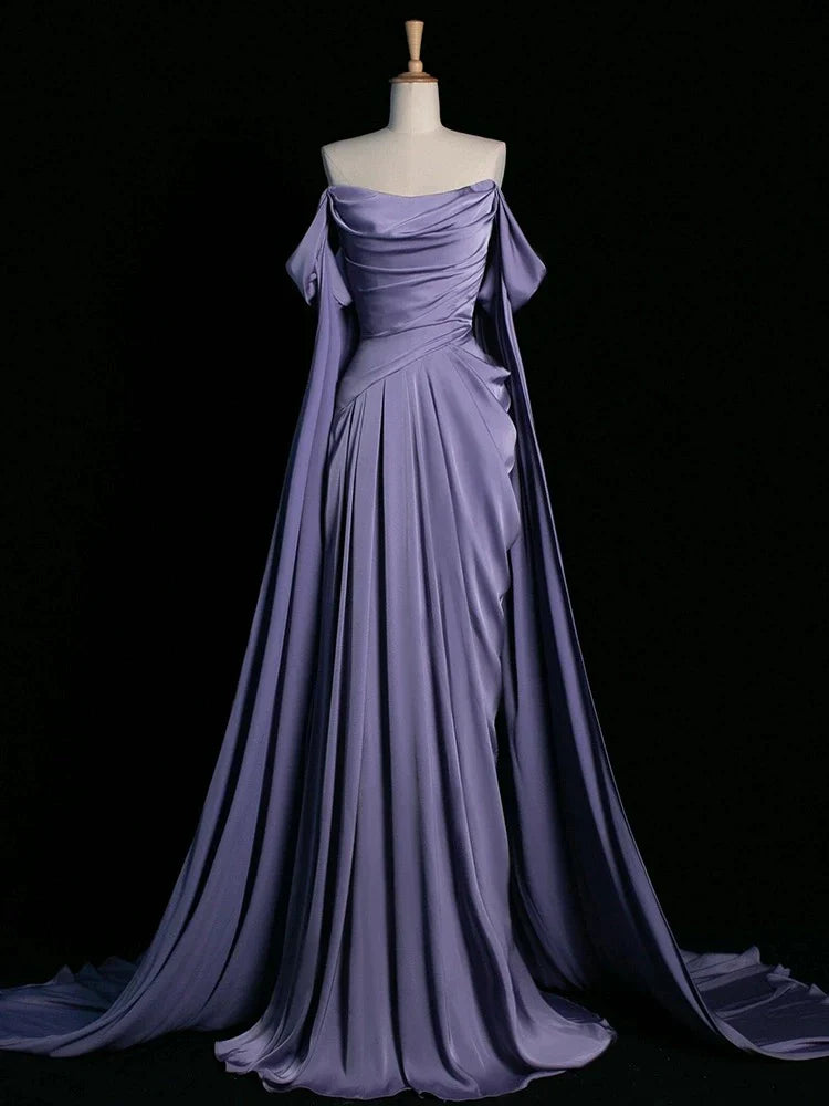 Niulatu Purple A-Line Off Shoulder Satin Long Prom Dress Formal Evening Dress HZ1026