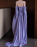 Niulatu Purple A-Line Off Shoulder Satin Long Prom Dress Formal Evening Dress HZ1026