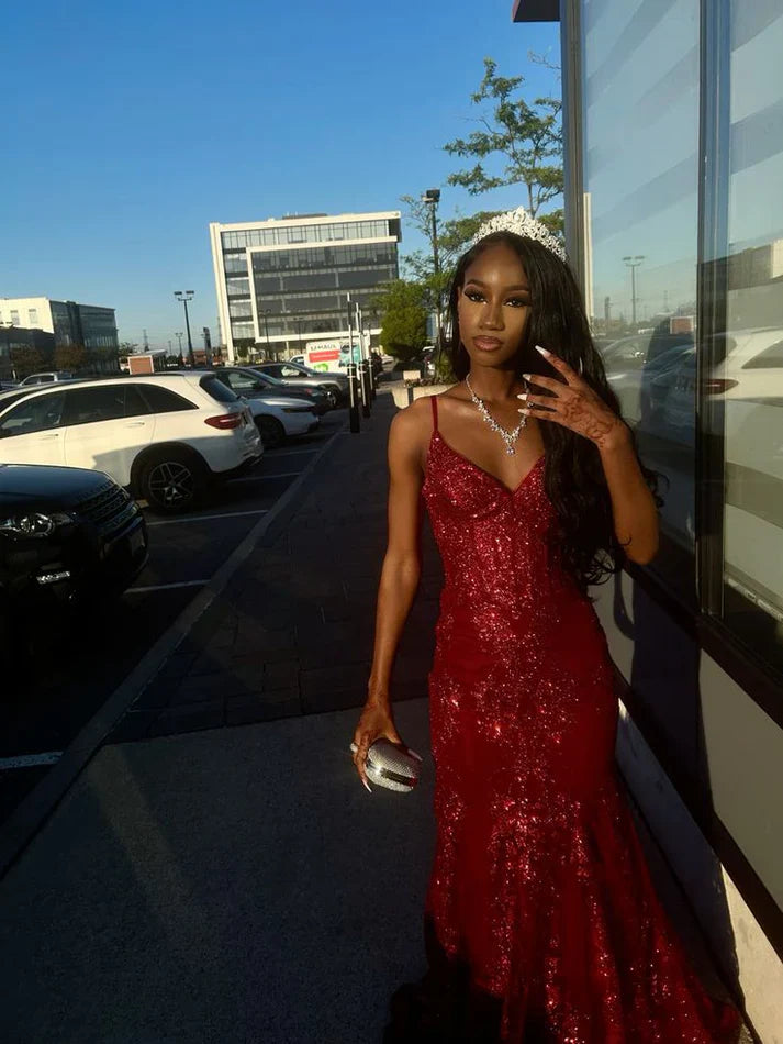 Niulatu Spaghetti Strap Mermaid Long Prom Dresses Sequin Burgundy New Year's Eve Dress Birthday Dresses HZ1026