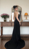 Niulatu Halter Sheath Long Prom Dresses Satin New Year's Eve Dress Black Formal Dresses HZ1026