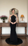 Niulatu Halter Sheath Long Prom Dresses Satin New Year's Eve Dress Black Formal Dresses HZ1026