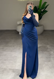 Niulatu Strapless Sheath Long Prom Dresses Satin Navy Blue New Year Evening Dresses HZ1026