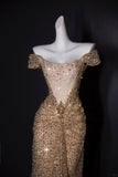 Niulatu Off-the-shoulder Sheath Long Prom Dresses Tulle Sequins Gold New Year's Evening Dresses Sparkly Birthday Dresses HZ1026