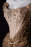Niulatu Off-the-shoulder Sheath Long Prom Dresses Tulle Sequins Gold New Year's Evening Dresses Sparkly Birthday Dresses HZ1026