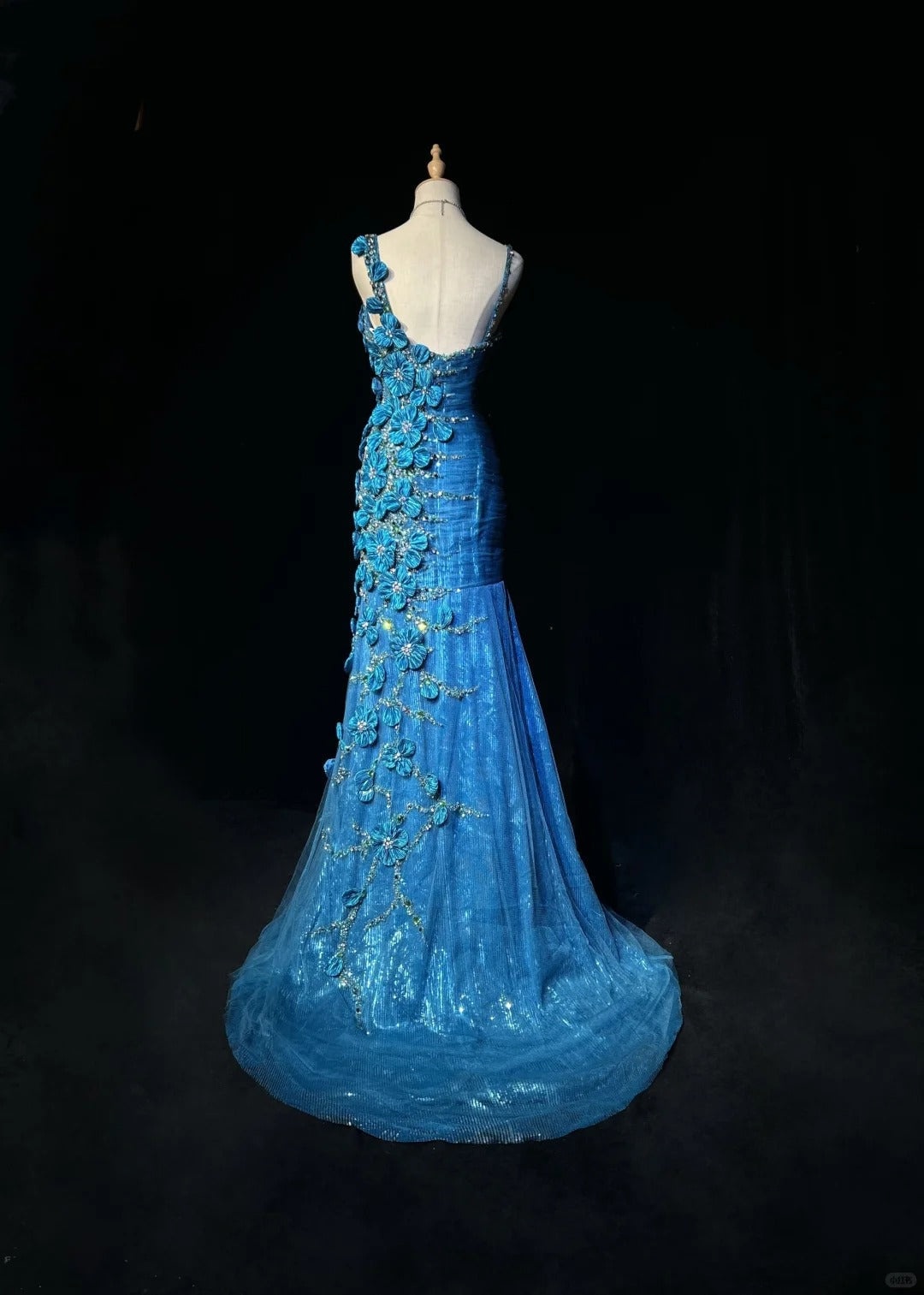 Niulatu Asymmetric Neck Mermaid Long Prom Dresses Vintage Tulle Sequin Blue Evening Dress Applique Sweet 16 Dress HZ1026