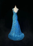 Niulatu Asymmetric Neck Mermaid Long Prom Dresses Vintage Tulle Sequin Blue Evening Dress Applique Sweet 16 Dress HZ1026