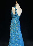 Niulatu Asymmetric Neck Mermaid Long Prom Dresses Vintage Tulle Sequin Blue Evening Dress Applique Sweet 16 Dress HZ1026