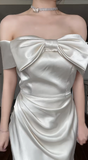 Niulatu Sheath White Formal Dresses Satin Off-the-shoulder Wedding Guest Dresses Cute Birthday Dresses HZ1026