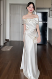 Niulatu Sheath White Formal Dresses Satin Off-the-shoulder Wedding Guest Dresses Cute Birthday Dresses HZ1026